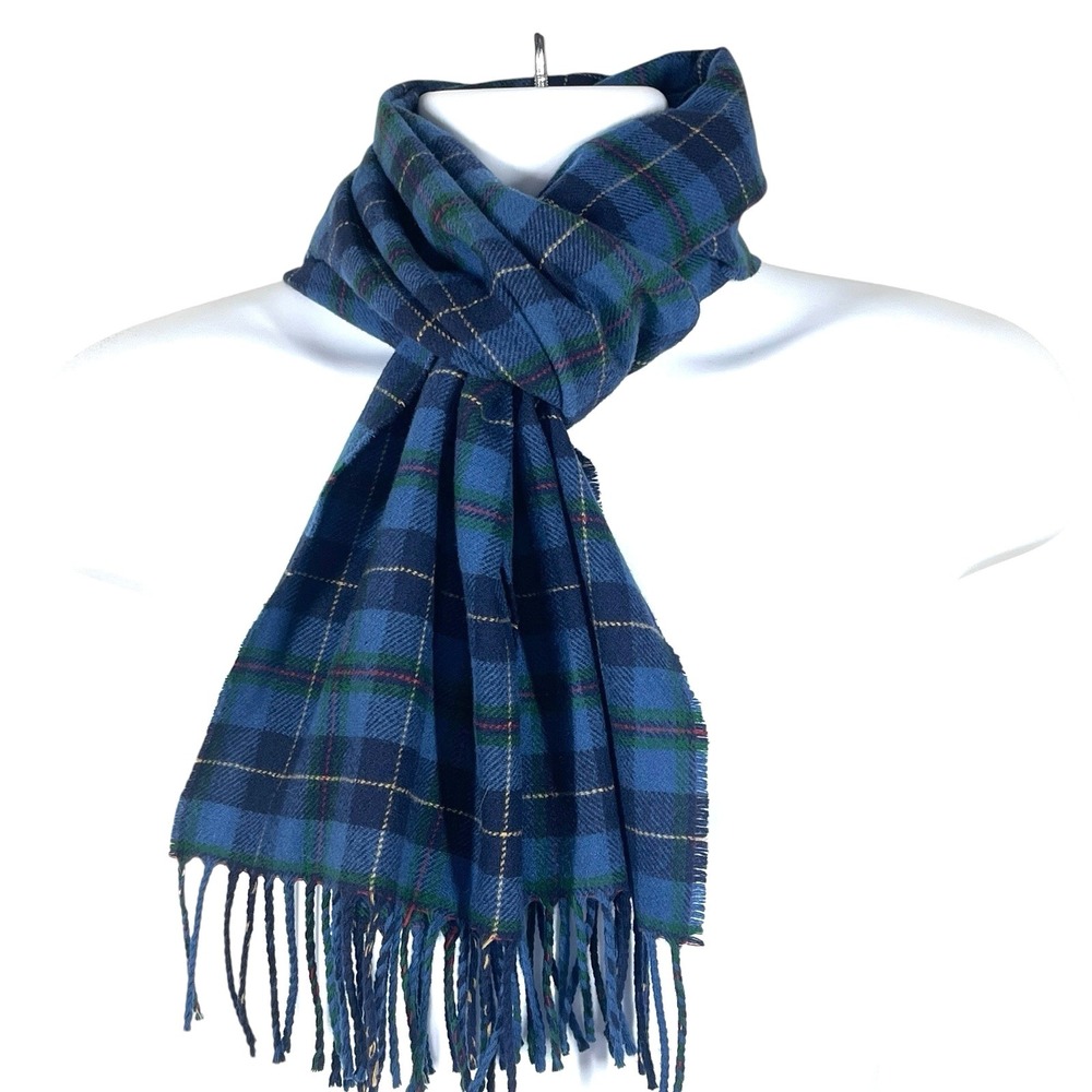 Pendleton 100% Wool Rectangular Scarf 62"x12" Blue Tartan Plaid Fringe Heritage